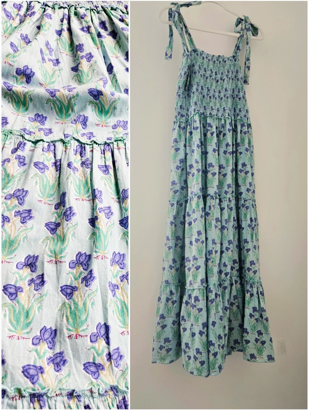 Mary Marshmellow Powder Blue & Cornflower Floral Tiered Smocked Tie Midaxi Dress